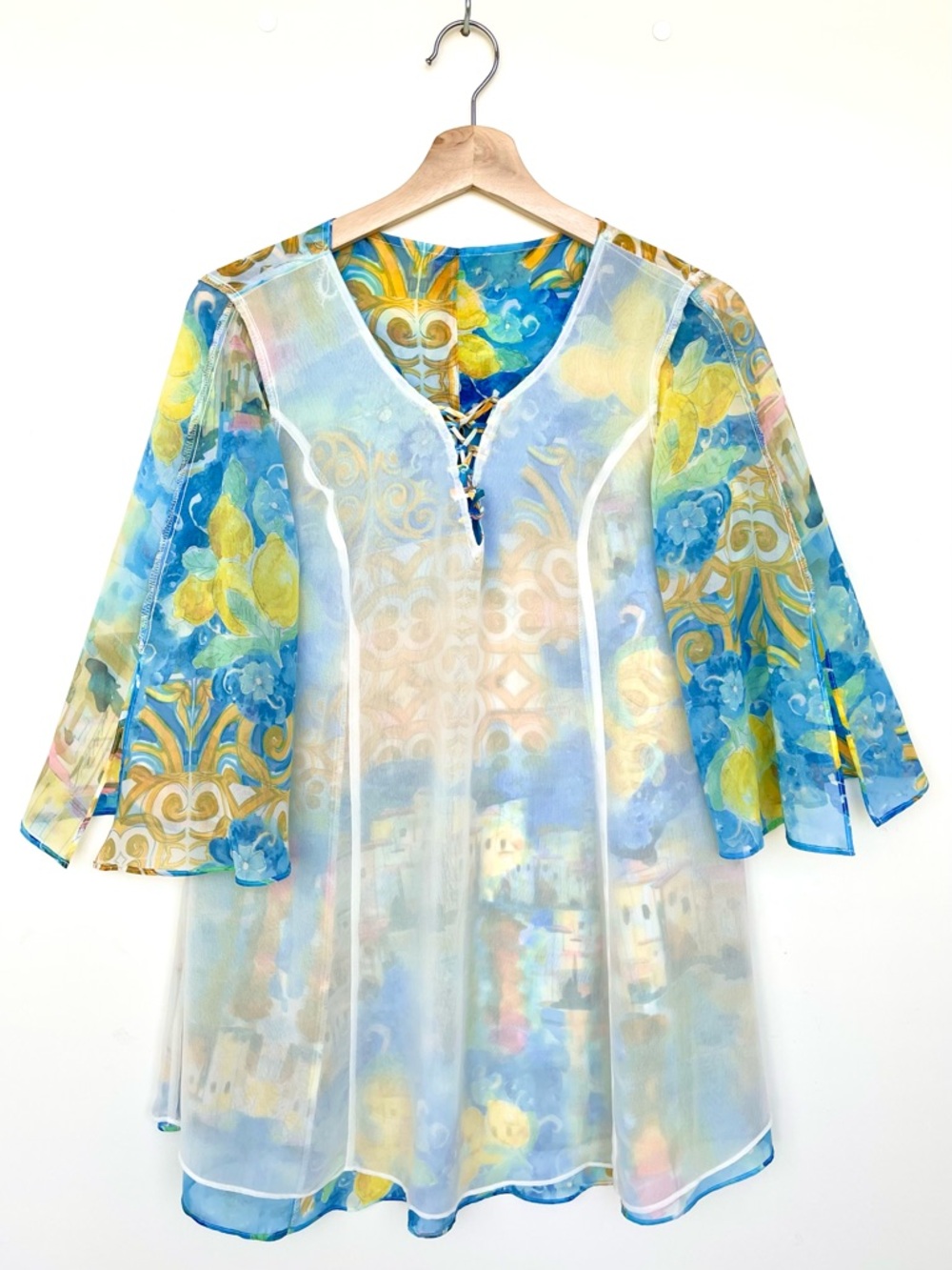 V Cristina Chiffon Boho Tunic Blouse Tie Neck Mediterranean Print Bell Sleeve - Picture 8 of 13
